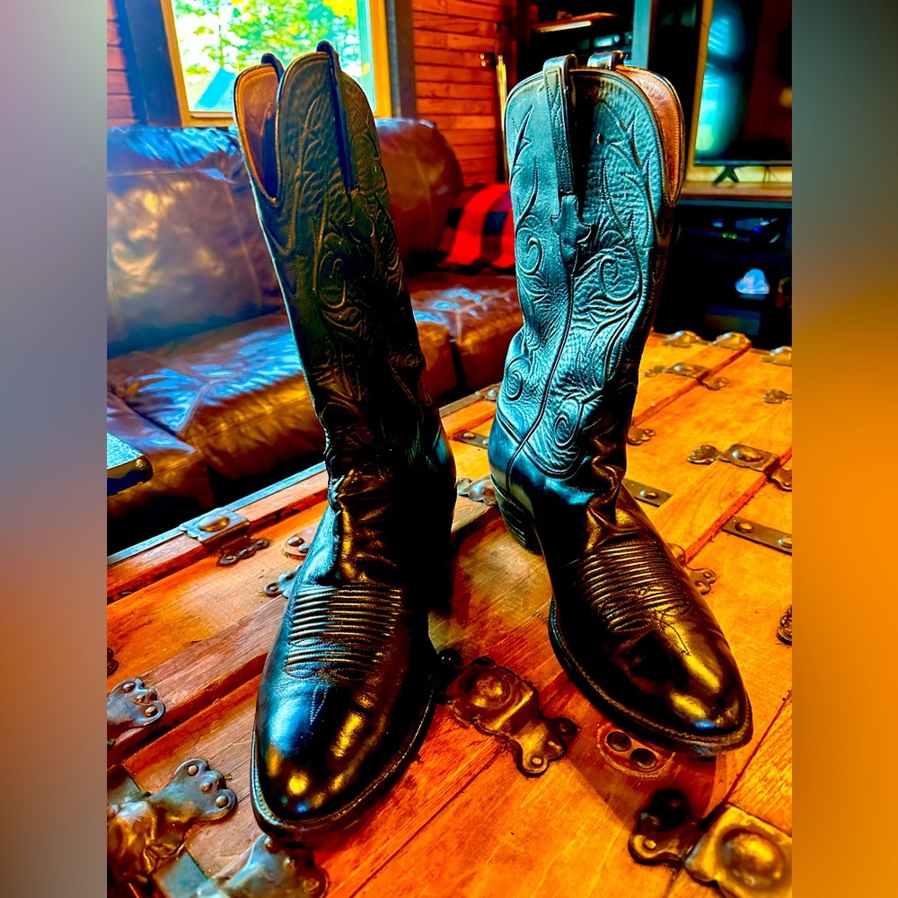 Lucchese Black Mens Smooth Calf Leather Cowboy Boots Size 11 D